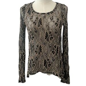 Bar III Romantic Black and Beige Lace Sheer Floral Women's Blouse Size XS